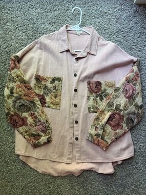 POL Pink Floral Sleeve & Pocket Button-Up Jacket